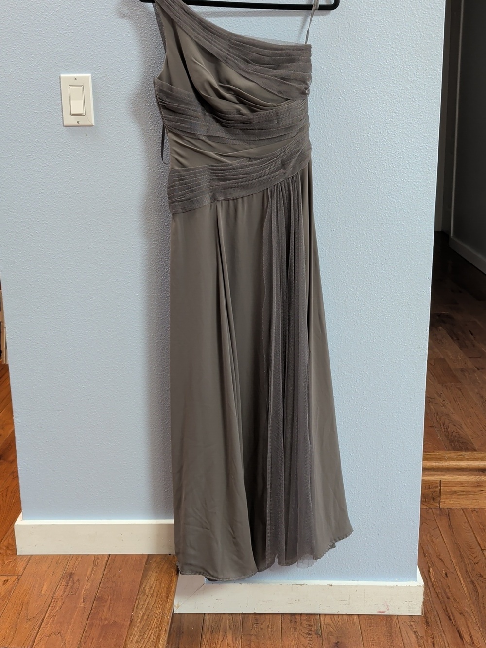 White by Vera Wang Georgette One-Shoulder Charcoal Grey Maxi Bridesmaid Dress - Picture 8 of 11